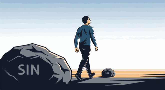 A man walks away from a large rock labeled "SIN" towards the light