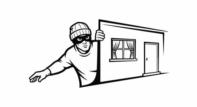 A masked figure in a beanie peeks around a building, pointing forward
