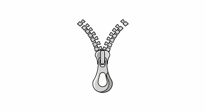 A metallic zipper pull with two rows of grey teeth diverging upwards