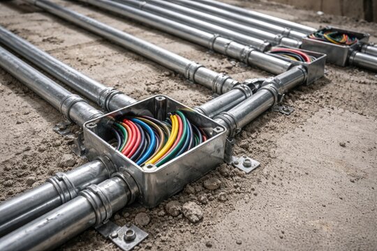 Detailed industrial capture of pipe encased electrical wiring ready for cement cover