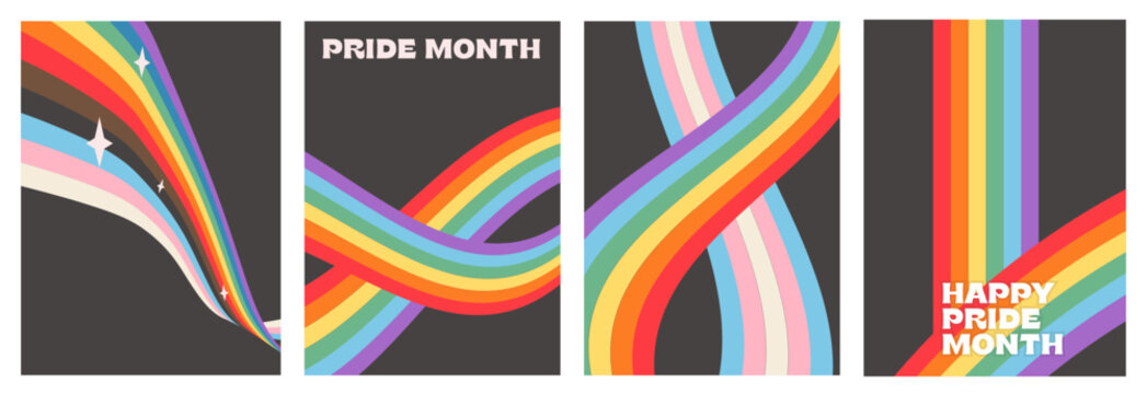 Queer Pride Month poster set with retro rainbow and trans flag wave. Trendy LGBTQ wall art print, Y2K aesthetic social media story banner. Minimalist digital graphic for inclusive marketing. Vector.
