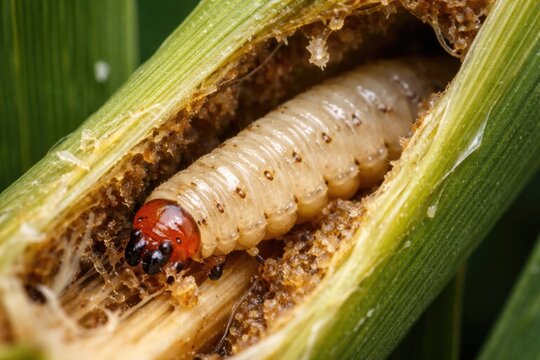 Extreme close up of white rice stem borer larva on rice plant