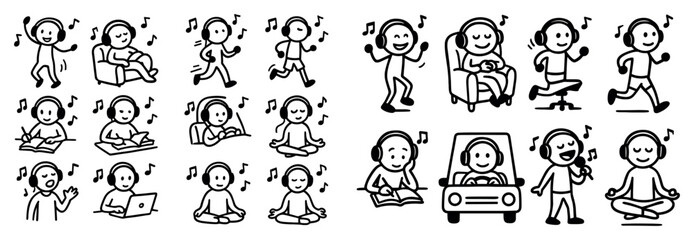 Obraz premium Music icons with person headphones dance outline