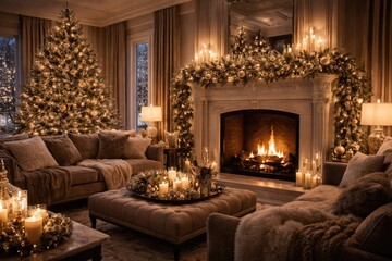 Naklejka premium Elegant lounge area showcasing fireplace and winter holiday decorations