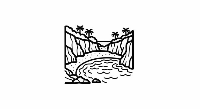 A minimalist line art depiction of a secluded cove with palm trees
