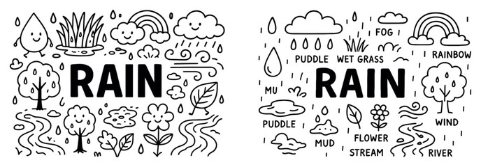 Fototapeta premium Weather icons with rain cloud rainbow doodle