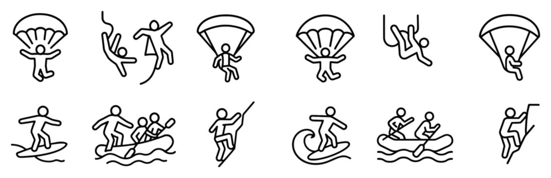 Adventure icons with parachute surfboard raft outline style