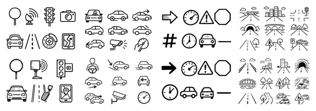 Traffic icons set: signs and roads