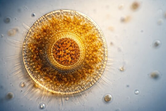 Close up of genus Arcella testate amoeba fixed in Lugol at 400x magnification with copy space