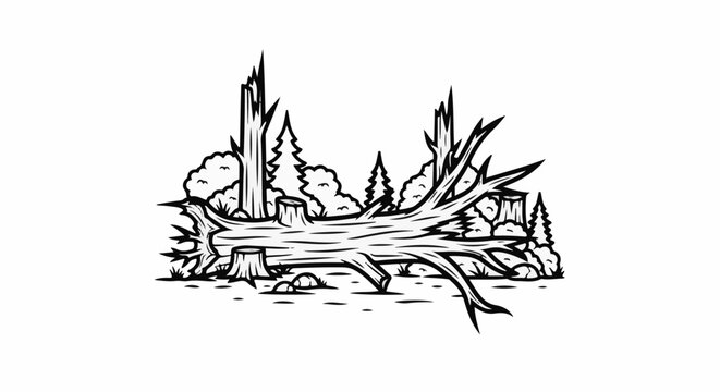 A fallen tree lies across a forest floor with stumps and bushes