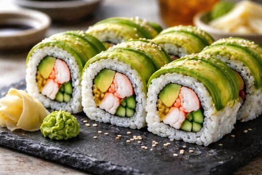 Appetizing avocado and imitation crab sushi roll with wasabi garnish