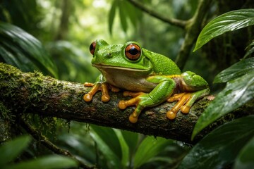 Naklejka premium A lively frog resting on tropical jungle branches surrounded by thick greenery