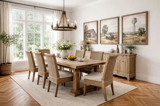 Bright dining room showcasing parquet flooring and farmhouse style frames