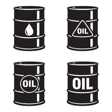 Industrial oil barrel icons set, black metal fuel drum vector illustrations, crude oil storage containers, petroleum industry symbols for energy business