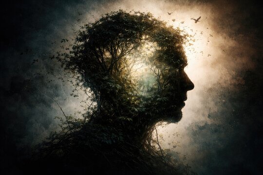 Abstract silhouette containing dense foliage symbolizing psychological dissociation