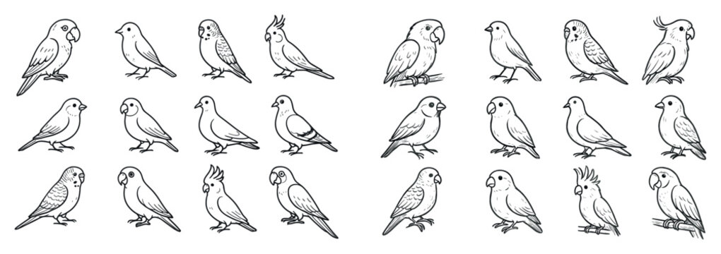 Bird icons with parrot cockatiel budgie outline