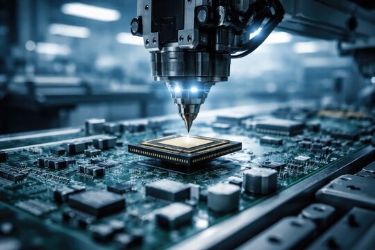 Electronic assembly line showcasing microchip placement against a muted blue background