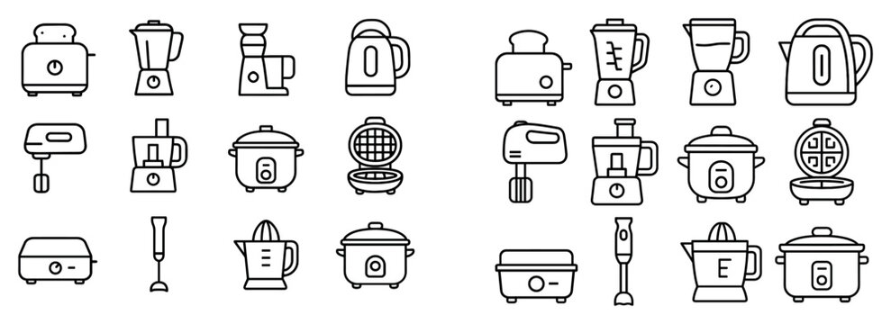 Kitchen appliance icons with blender toaster kettle outline