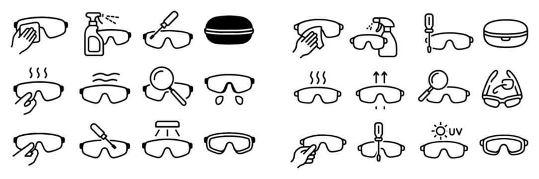 Safety icons with goggles hand wash outline