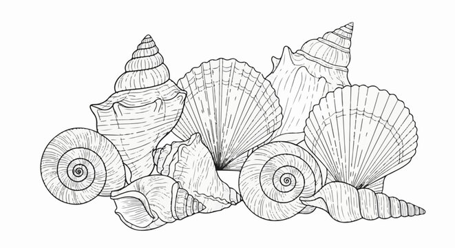 A detailed black and white drawing of assorted seashells on a white background
