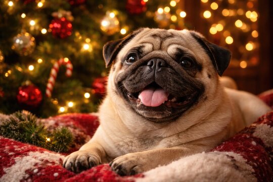 Delighted pug resting near Christmas tree covered in cheerful holiday decorations close up
