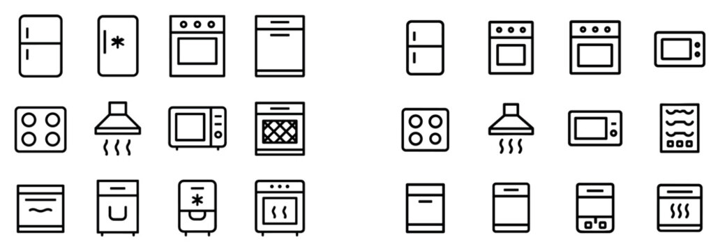 Kitchen icons with fridge oven stove outline minimal