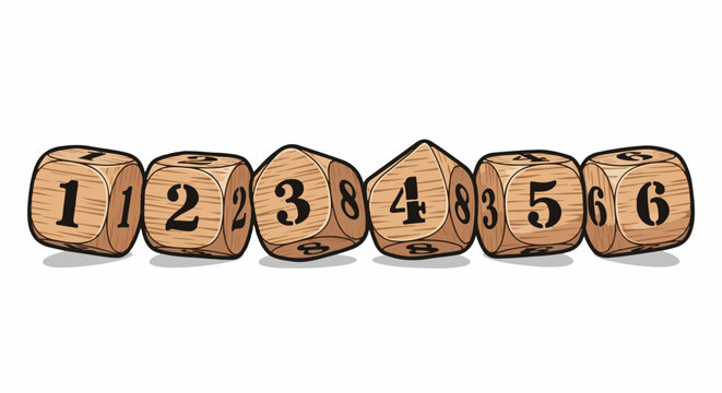 A line of six numbered dice, depicting numbers one through six