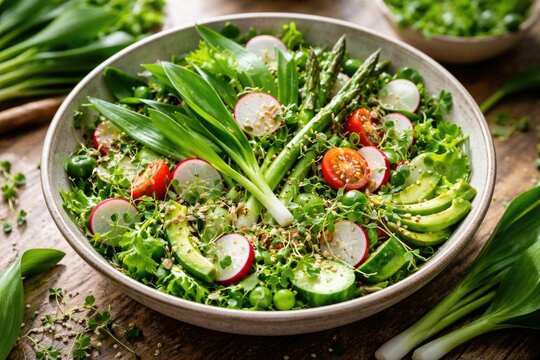 Nutritious spring salad with fresh wild leeks and seasonal vegetables