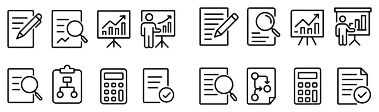 Business report icons with document magnifier calculator outline