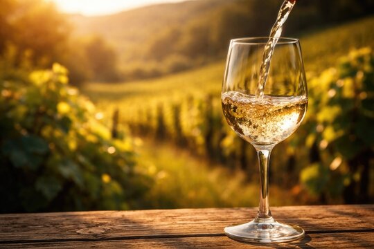 A glass of white wine being filled outdoors with a glowing vineyard background and copy space