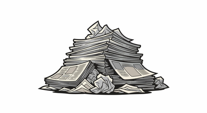 A large, messy pile of newspapers, some crumpled, dominates the frame