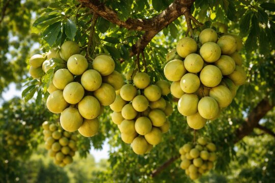 Clustered marula fruits hanging from healthy tree branches