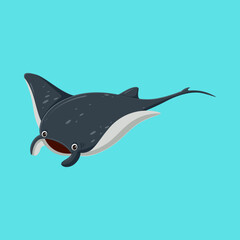 Cute Cartoon Manta Ray Vector Illustration Isolated on Blue Background © Rara