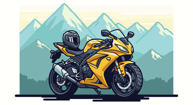 A pixel art yellow sport bike with a helmet rests before mountain peaks
