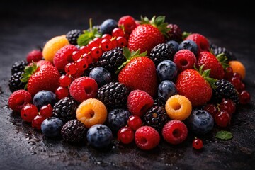 Obraz premium Bright variety of berries captured on a deep dark studio background
