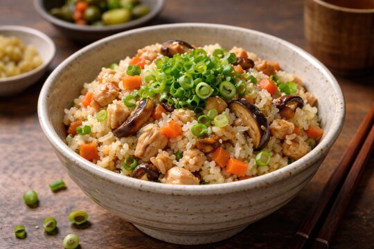 Gomoku takikomi gohan rice mixed with scallions in a ceramic bowl on wooden table