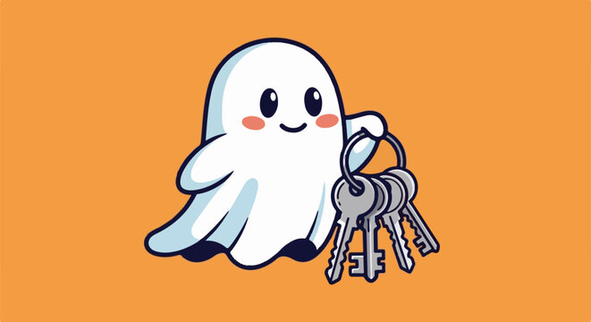 A cute white ghost holds a bunch of keys on an orange background