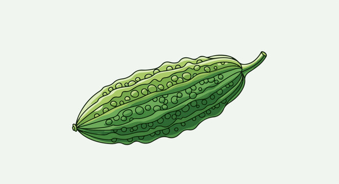 A hand-drawn illustration of a single green bitter melon with bumpy texture