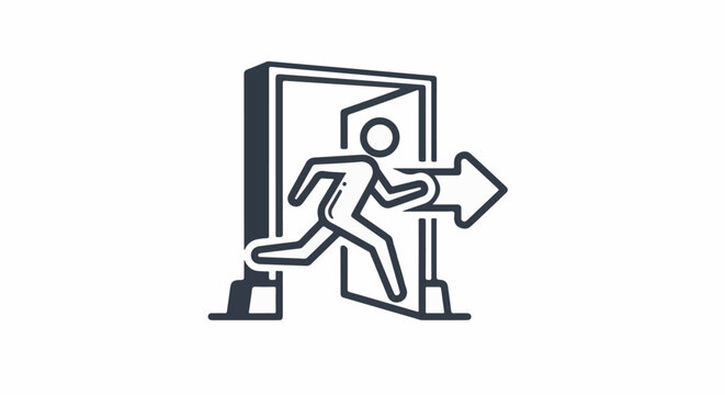 Stylized icon of a running figure exiting a doorway with an arrow