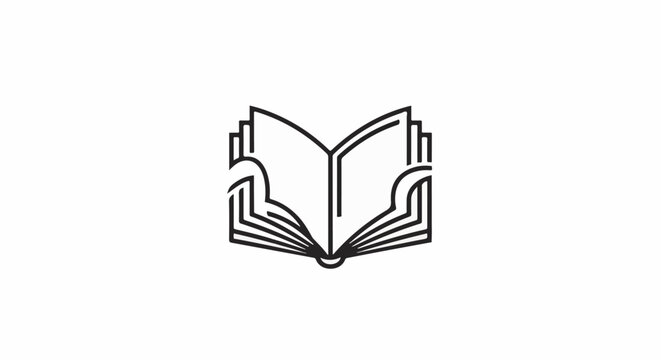 Stylized black line drawing of an open book on a white background