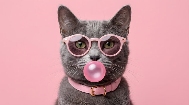 Cute gray cat wearing sunglasses and blowing a bubblegum bubble, studio portrait on a pink background