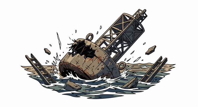A damaged buoy with ladders and debris in choppy water