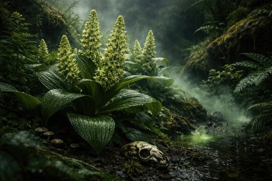 Aquatic scene showcasing false hellbore flowers and dense lush greenery revealing toxic properties