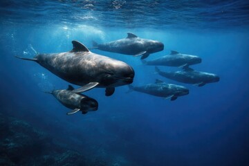 Fototapeta premium A family of short finned pilot whales migrating in deep blue sea