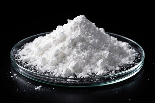 Glass plate holding sodium hydroxide white solid powder against a black background