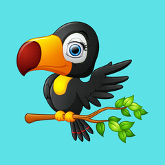 Obraz premium Cute Cartoon Toucan Perched on a Leafy Branch, Tropical Bird Illustration Mascot Character Isolated on Blue Background