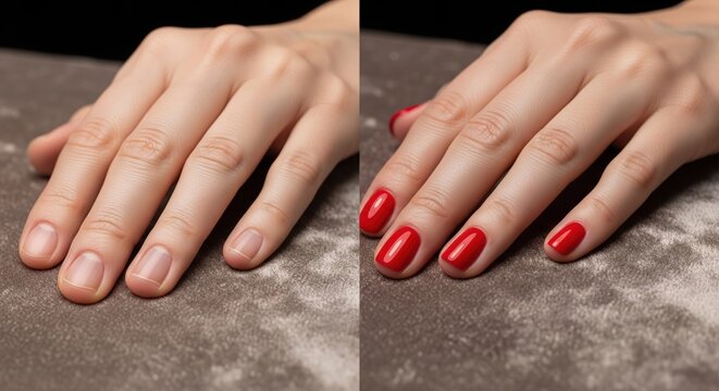 Elegant before and after manicure comparison on neutral velvet surface. Professional service result for high-end beauty sector-specific manufacturer and supply chain branding units