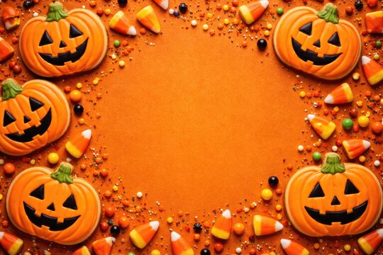 Colorful Halloween cookie flat lay with jack o lantern shapes and candy corn on orange background and copy space