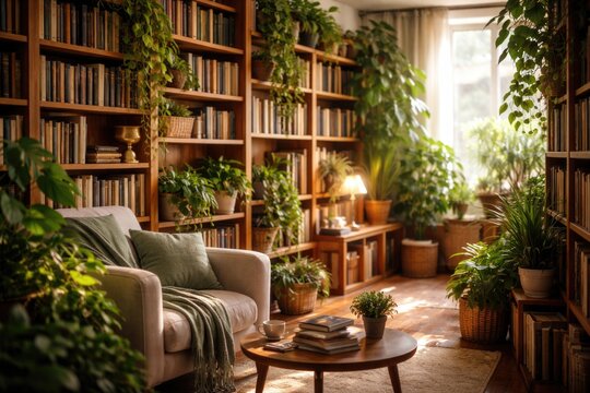 Inviting reading room with wooden shelves and vibrant plants under gentle sunlight and a softly blurred background