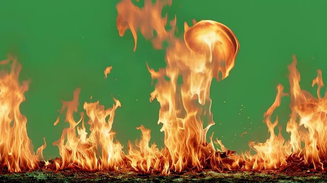 Flames burn on green screen, creating a visual of firestorm for various uses in projects